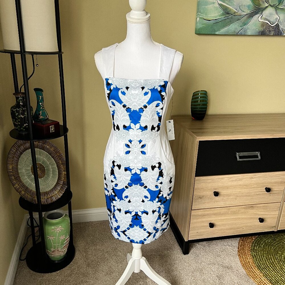 Worthington Artistic Deco Sleeveless Dress Blue and White